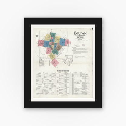 Old map wall art mockup — black gallery frame with white mat — Sanborn Fire Insurance Map from Bryan, Brazos County, Texas (1925), Sheet #0001