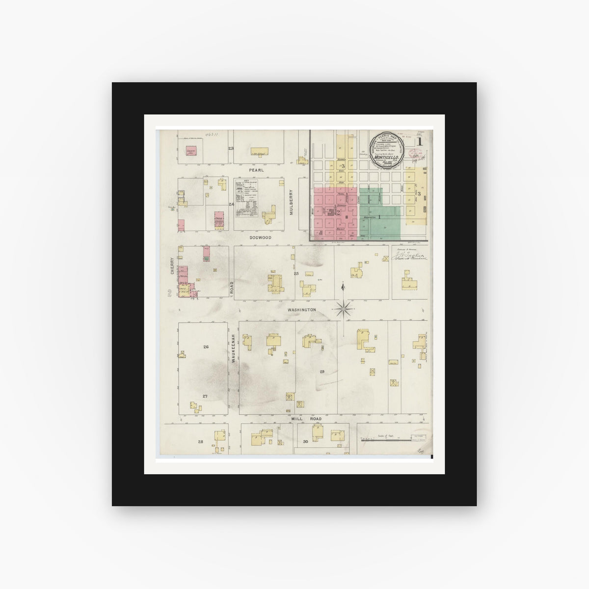 Old map wall art mockup — black gallery frame with white mat — Sanborn Fire Insurance Map from Monticello, Jefferson County, Florida (1895), Sheet #0001