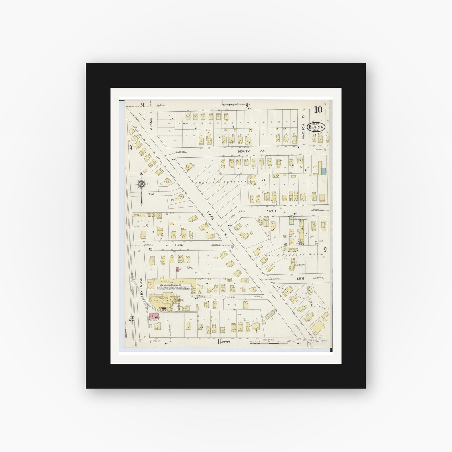 Old map wall art mockup — black gallery frame with white mat — Sanborn Fire Insurance Map from Elyria, Lorain County, Ohio (1915), Sheet #0010