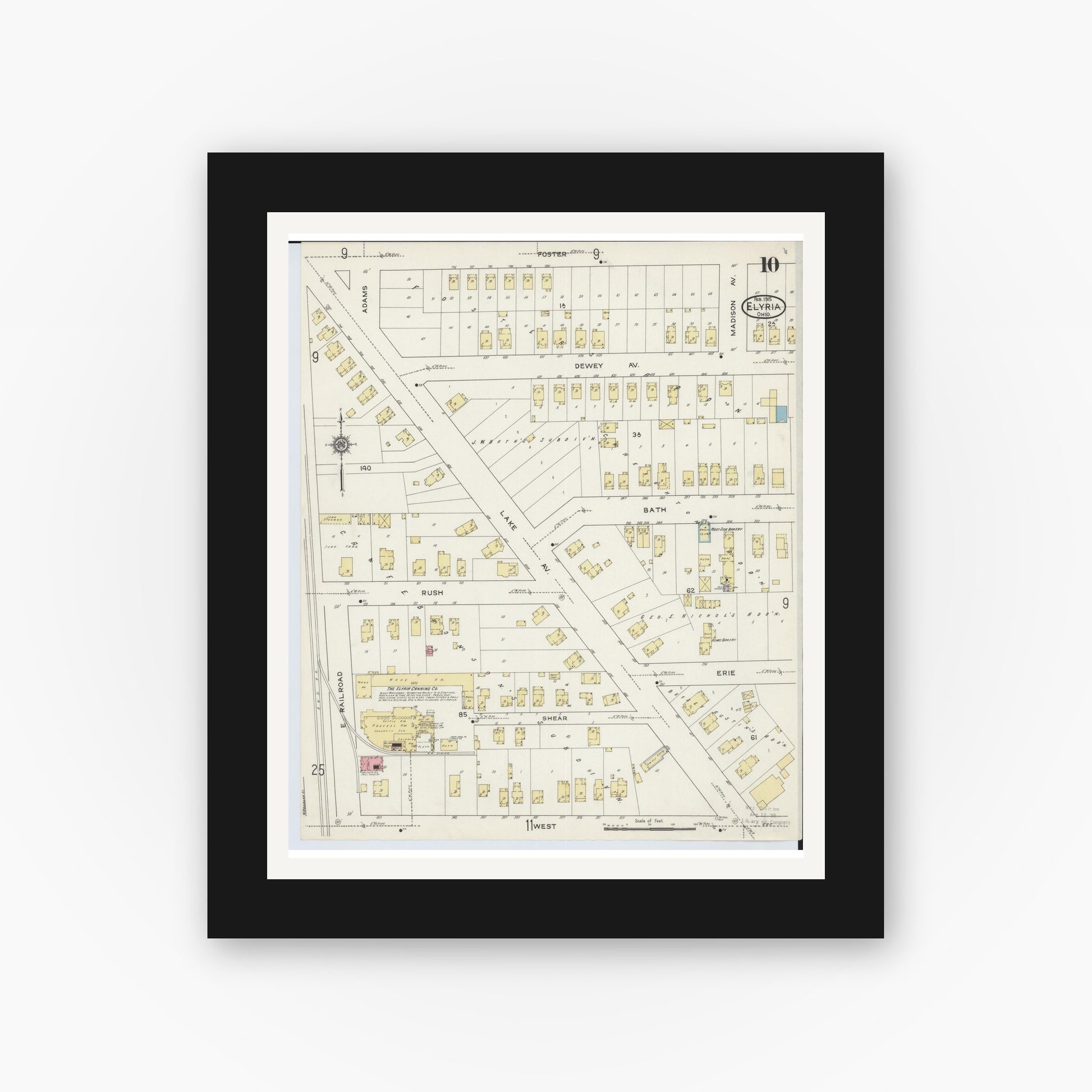 Old map wall art mockup — black gallery frame with white mat — Sanborn Fire Insurance Map from Elyria, Lorain County, Ohio (1915), Sheet #0010