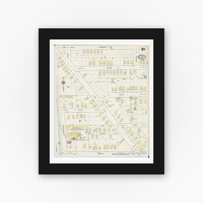 Old map wall art mockup — black gallery frame with white mat — Sanborn Fire Insurance Map from Elyria, Lorain County, Ohio (1915), Sheet #0010