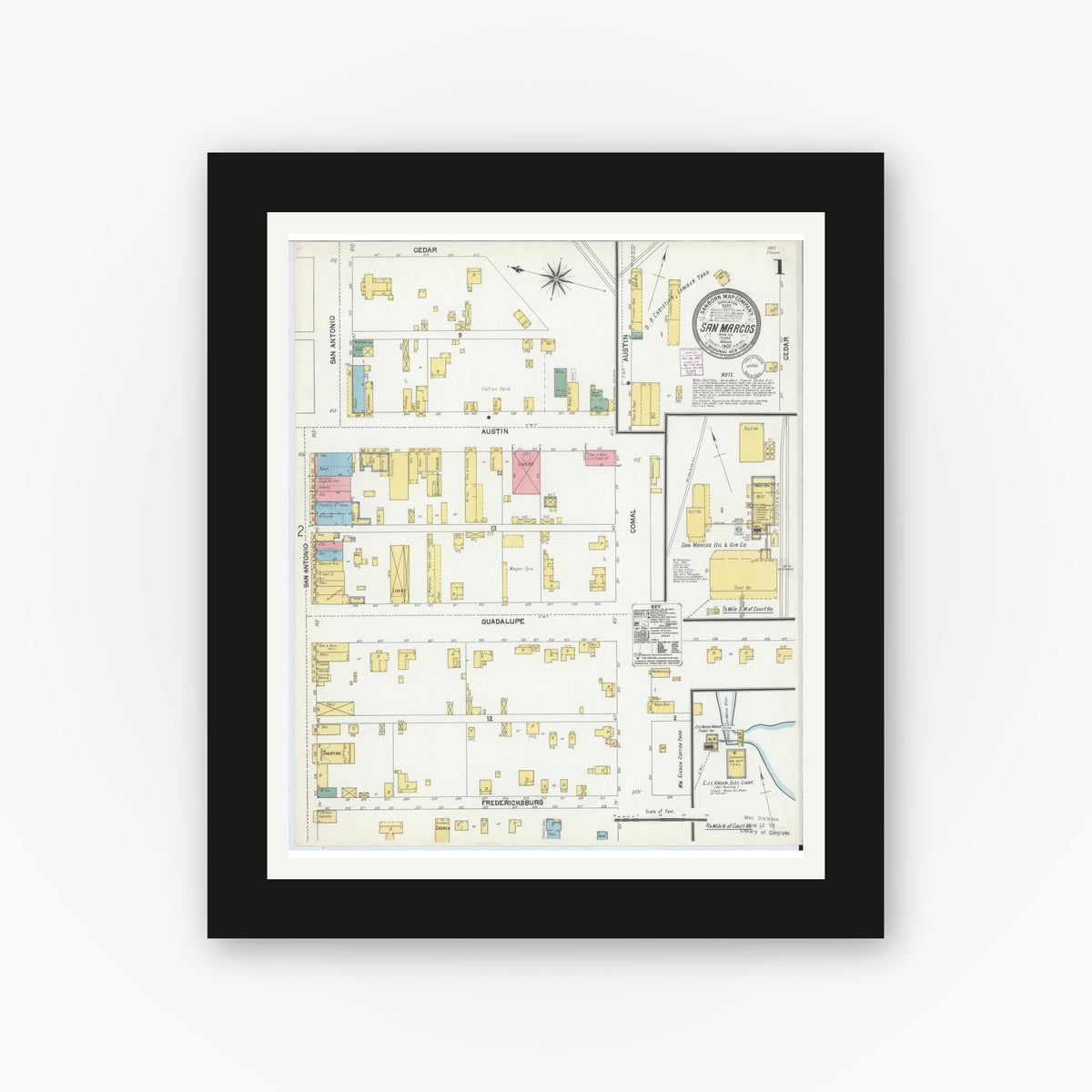 Old map wall art mockup — black gallery frame with white mat — Sanborn Fire Insurance Map from San Marcos, Hays County, Texas (1902) - Complete Map Set