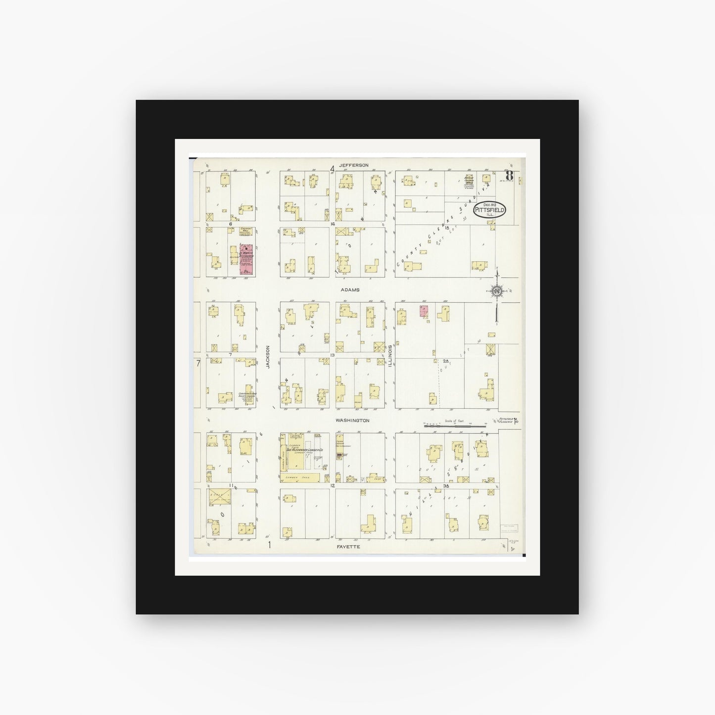Old map wall art mockup — black gallery frame with white mat — Sanborn Fire Insurance Map from Pittsfield, Pike County, Illinois (1913), Sheet #0008