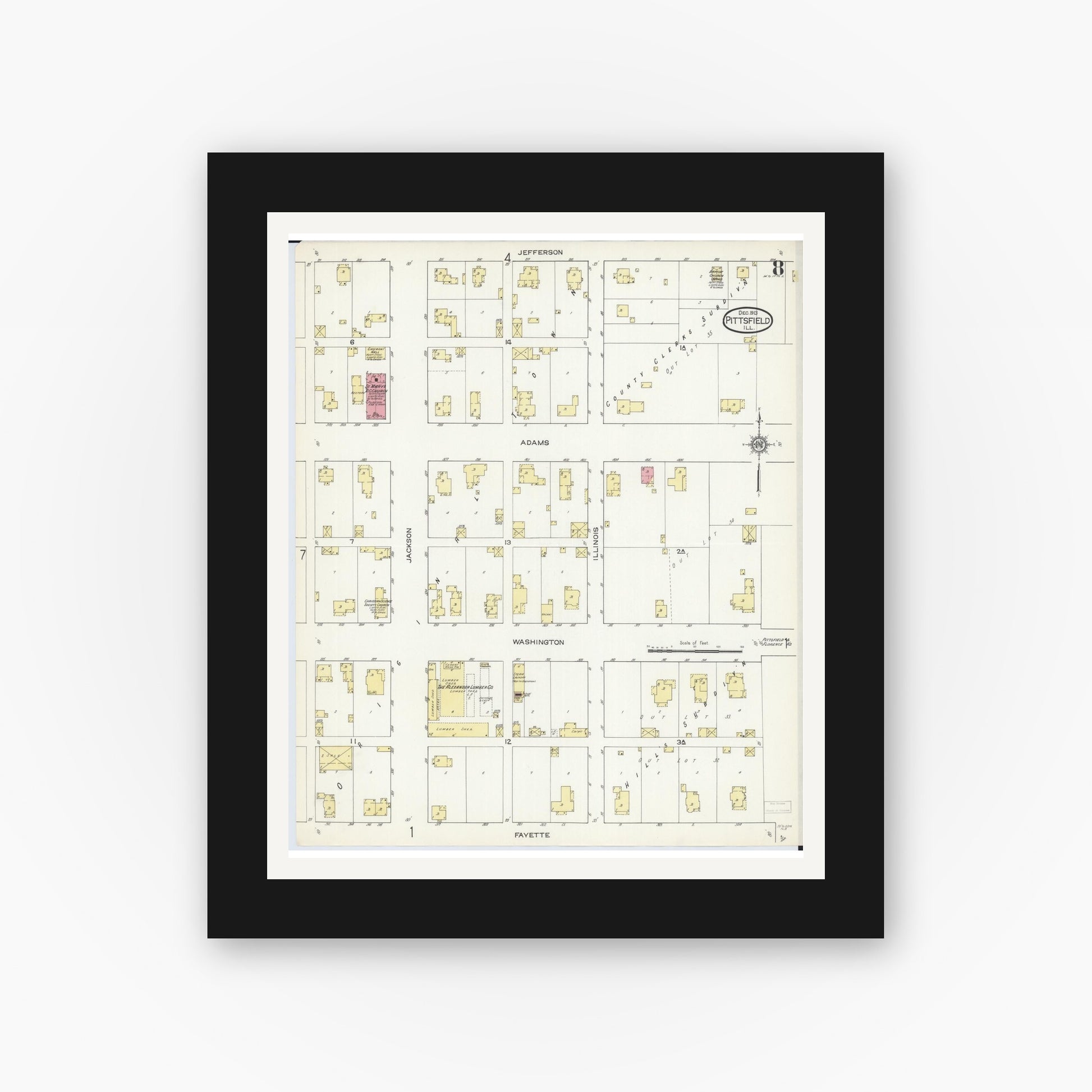 Old map wall art mockup — black gallery frame with white mat — Sanborn Fire Insurance Map from Pittsfield, Pike County, Illinois (1913), Sheet #0008
