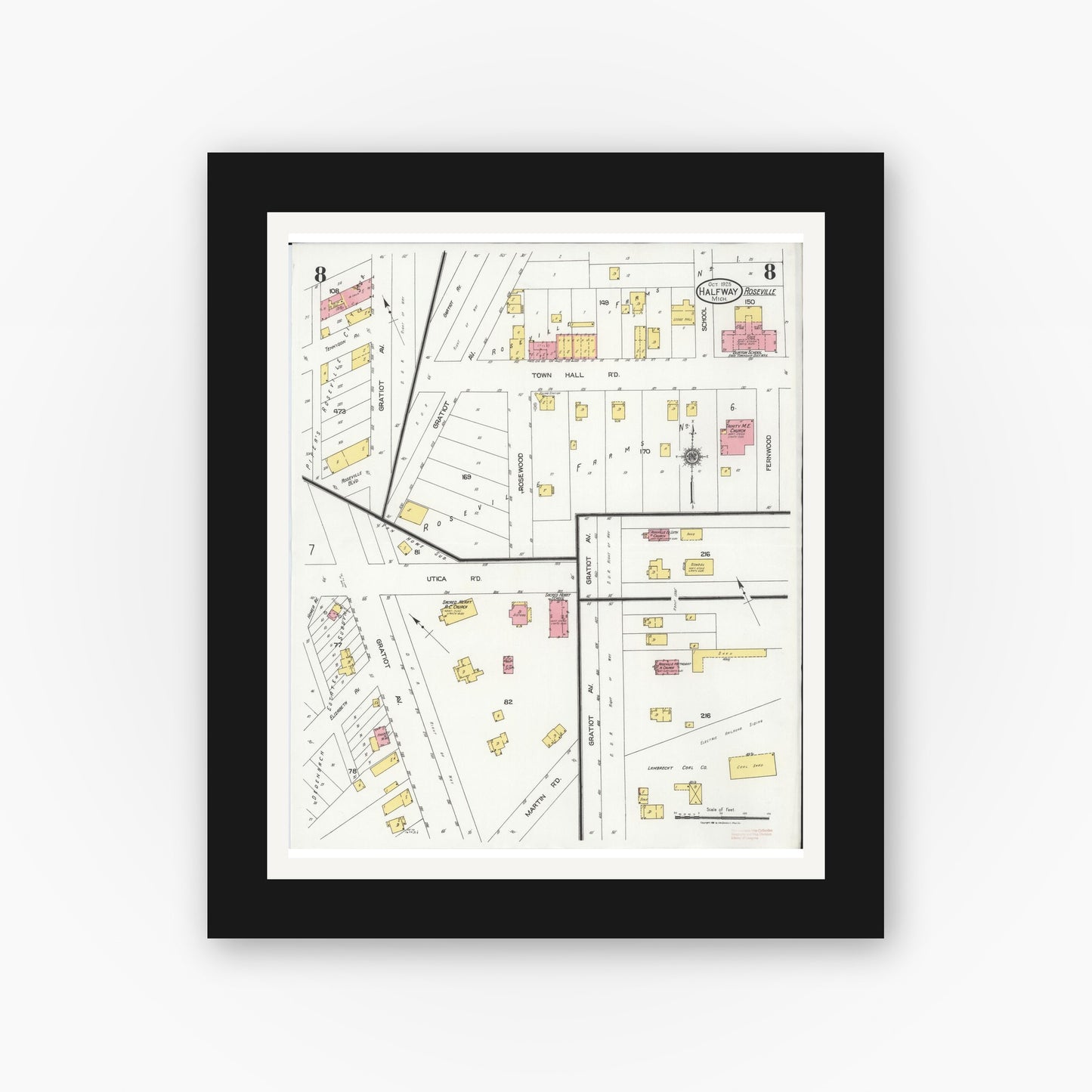Old map wall art mockup — black gallery frame with white mat — Sanborn Fire Insurance Map from Halfway, Macomb County, Michigan (1925), Sheet #0008