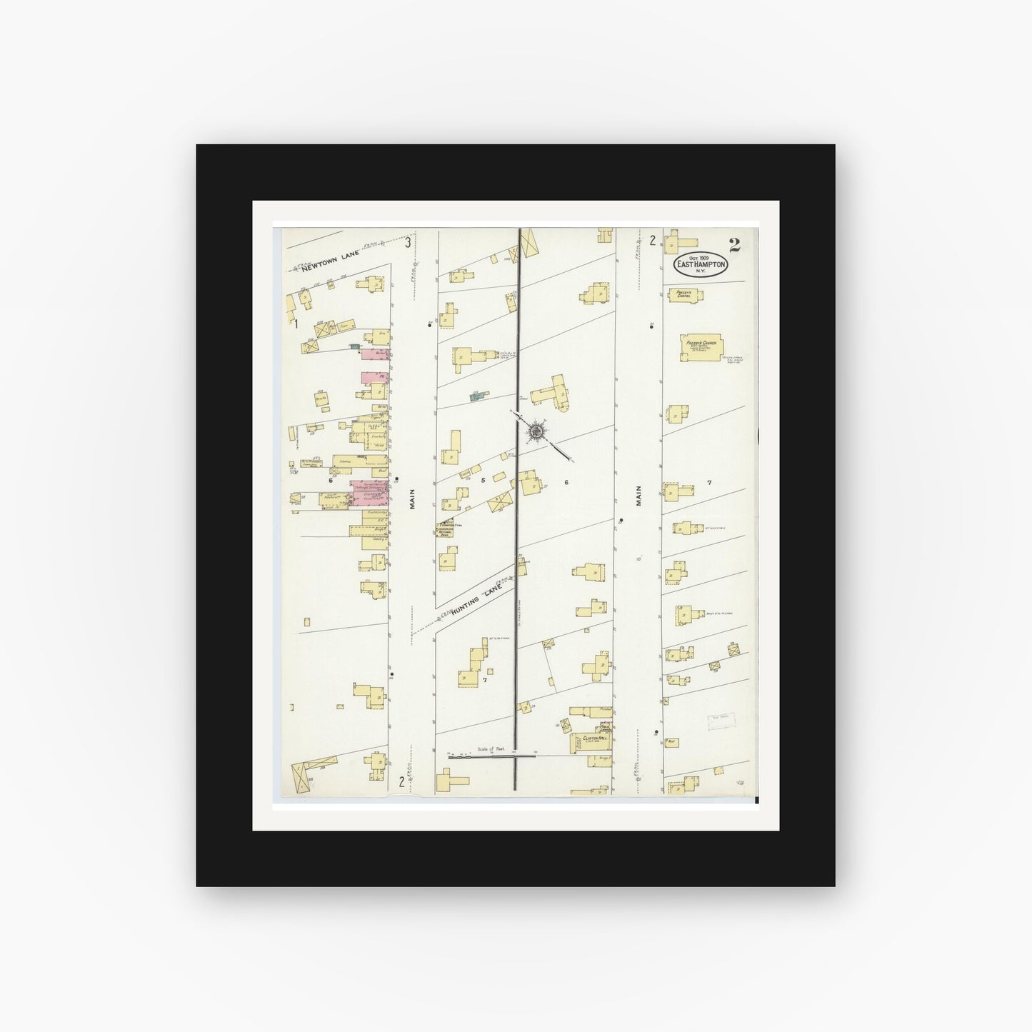 Old map wall art mockup — black gallery frame with white mat — Sanborn Fire Insurance Map from Easthampton, Suffolk County, New York (1909), Sheet #0002