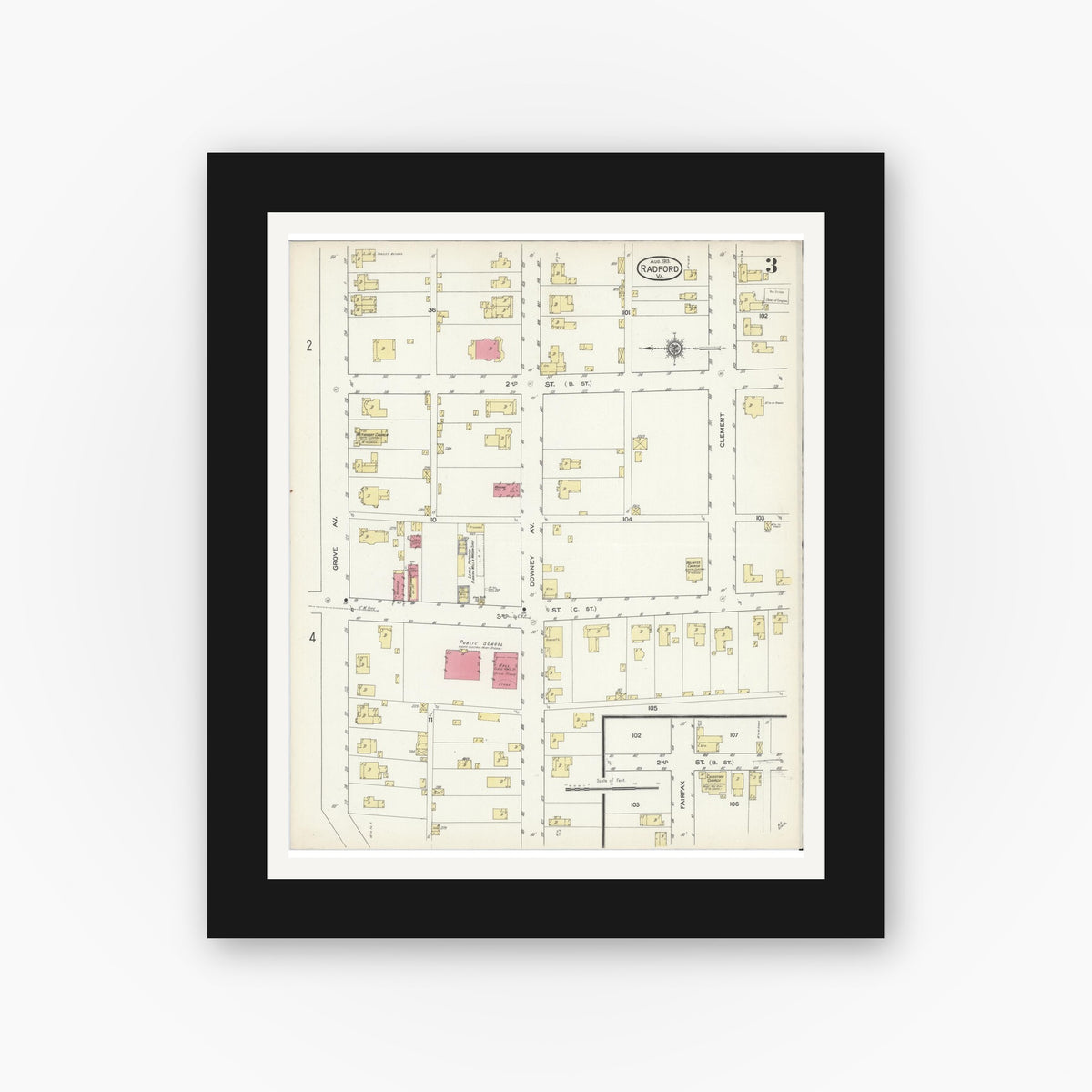 Old map wall art mockup — black gallery frame with white mat — Sanborn Fire Insurance Map from Radford, Independent Cities, Virginia (1913), Sheet #0003