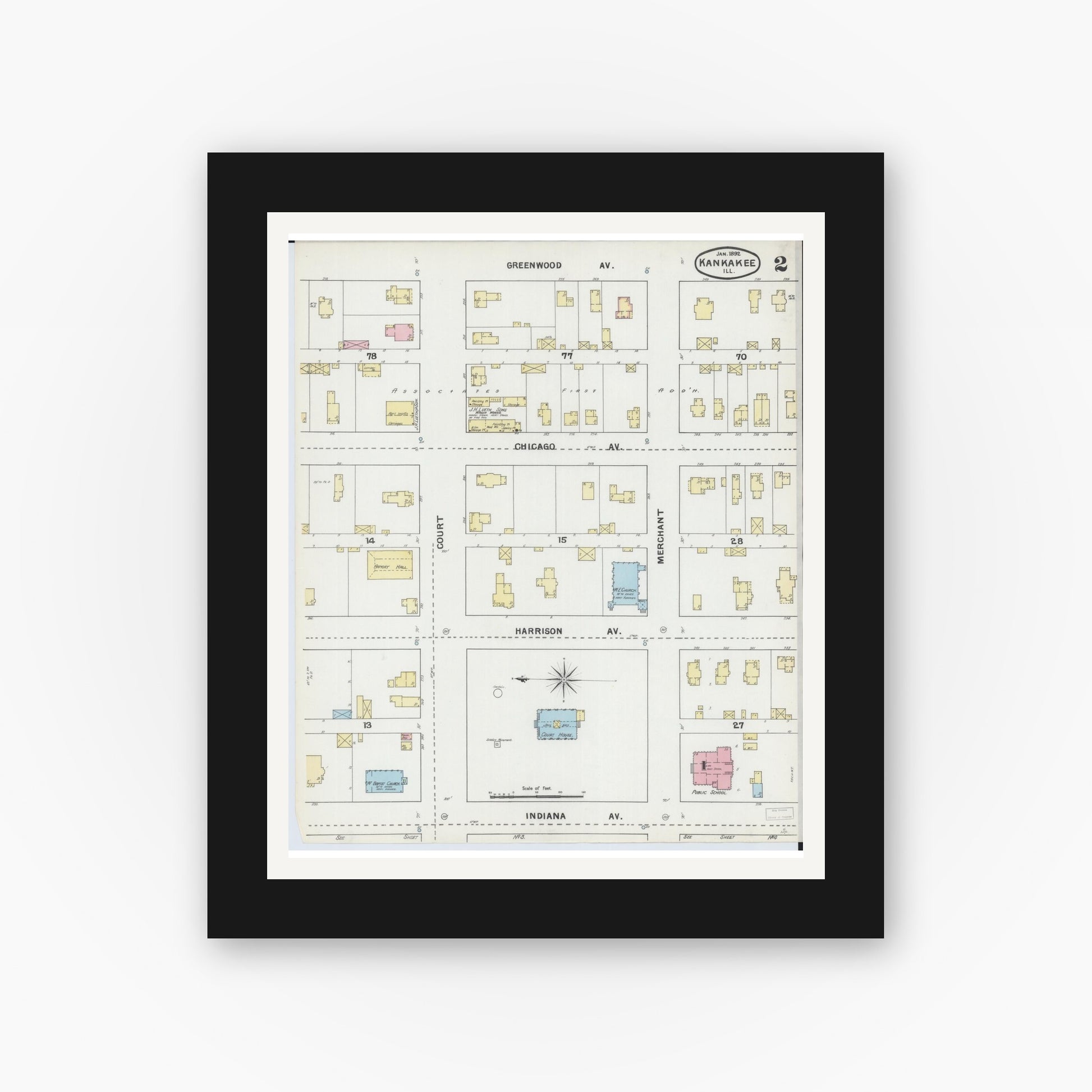 Old map wall art mockup — black gallery frame with white mat — Sanborn Fire Insurance Map from Kankakee, Kankakee County, Illinois (1892), Sheet #0002
