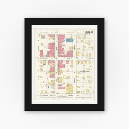 Old map wall art mockup — black gallery frame with white mat — Sanborn Fire Insurance Map from Fremont, Newaygo County, Michigan (1921), Sheet #0006