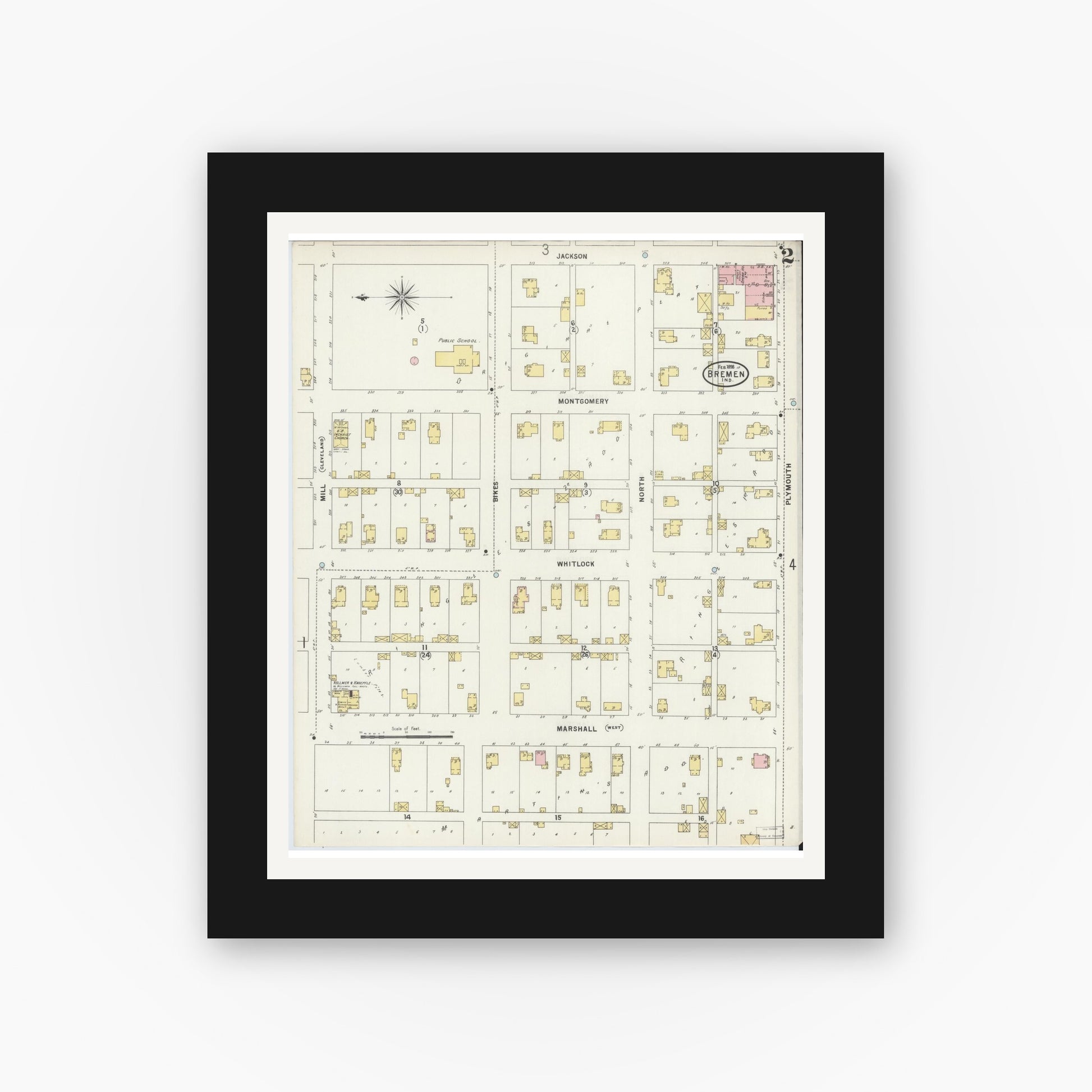 Old map wall art mockup — black gallery frame with white mat — Sanborn Fire Insurance Map from Bremen, Marshall County, Indiana (1898), Sheet #0002