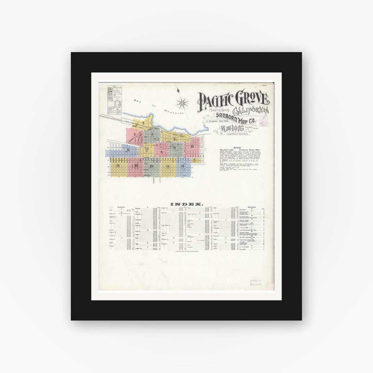 Old map wall art mockup — black gallery frame with white mat — Sanborn Fire Insurance Map from Pacific Grove, Monterey County, California (1905) - Complete Map Set
