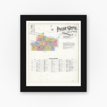 Old map wall art mockup — black gallery frame with white mat — Sanborn Fire Insurance Map from Pacific Grove, Monterey County, California (1905) - Complete Map Set