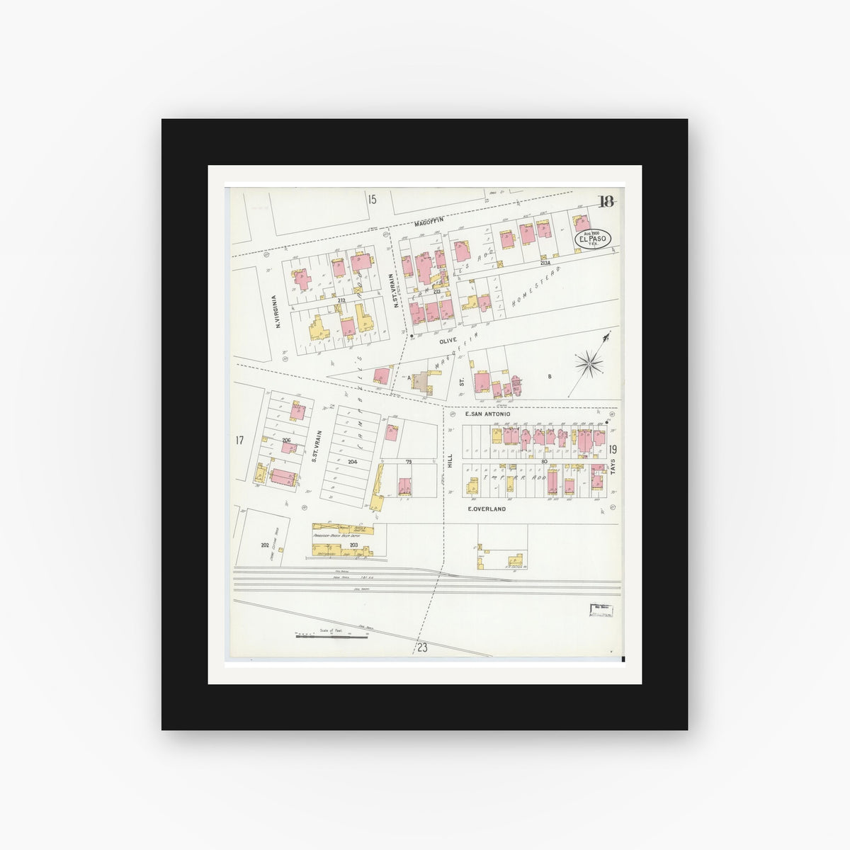 Old map wall art mockup — black gallery frame with white mat — Sanborn Fire Insurance Map from El Paso, El Paso County, Texas (1900), Sheet #0018