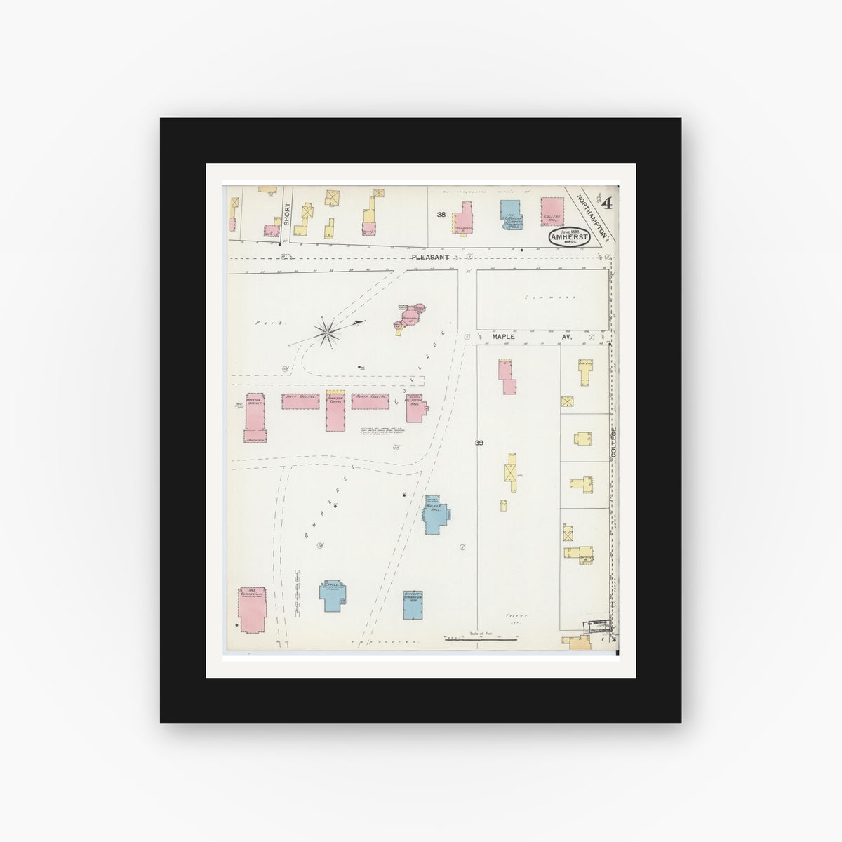 Old map wall art mockup — black gallery frame with white mat — Sanborn Fire Insurance Map from Amherst, Hampshire County, Massachusetts (1892), Sheet #0004