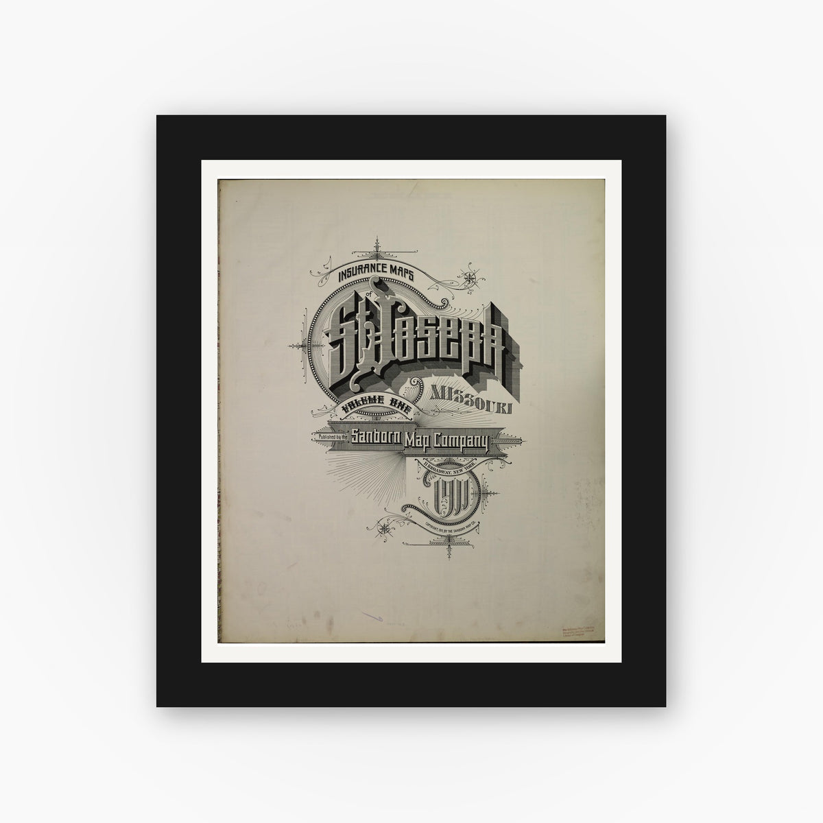 Old map wall art mockup — black gallery frame with white mat — Sanborn Fire Insurance Map from Saint Joseph, Buchanan County, Missouri (1911), Sheet #0001
