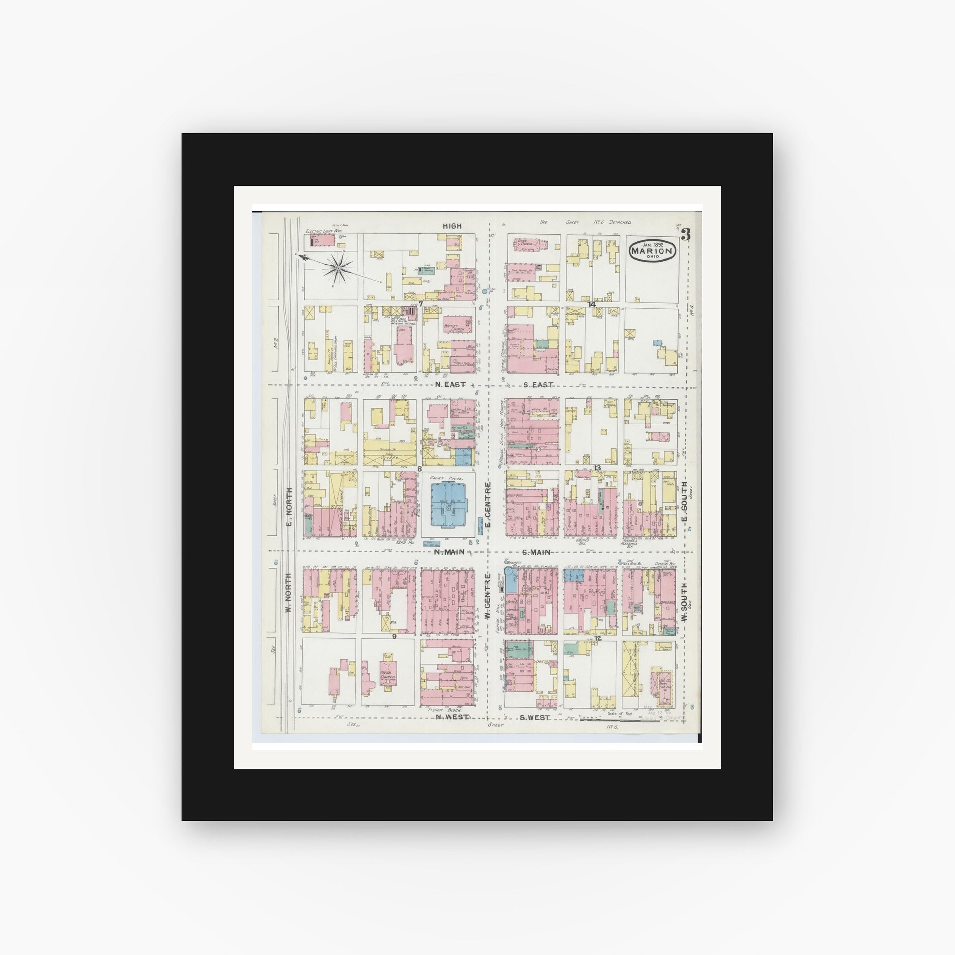 Old map wall art mockup — black gallery frame with white mat — Sanborn Fire Insurance Map from Marion, Marion County, Ohio (1892), Sheet #0003