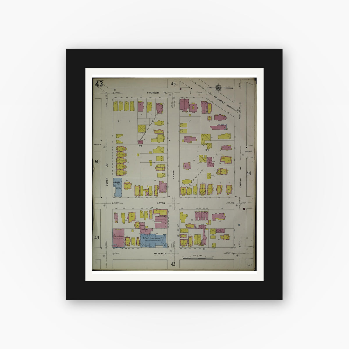 Old map wall art mockup — black gallery frame with white mat — Sanborn Fire Insurance Map from Milwaukee, Milwaukee County, Wisconsin (1910), Sheet #0043