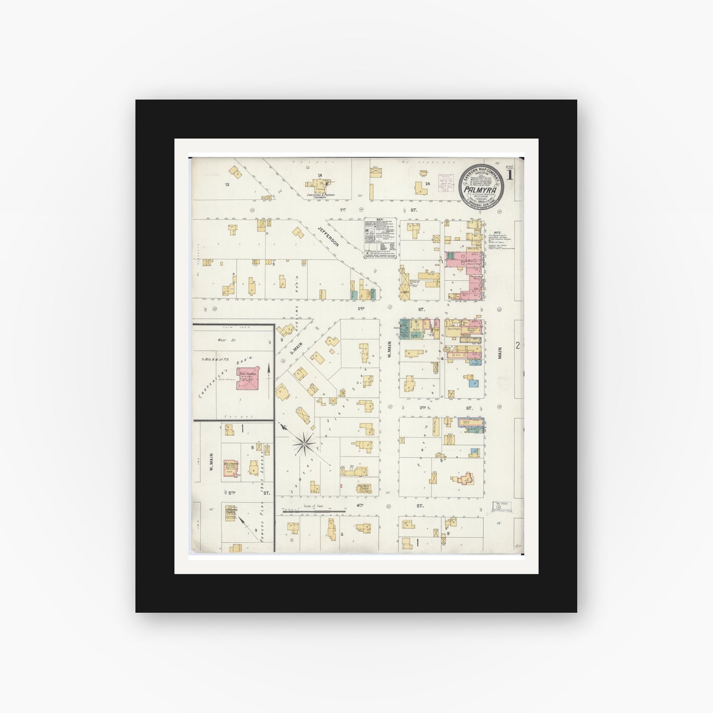 Old map wall art mockup — black gallery frame with white mat — Sanborn Fire Insurance Map from Palmyra, Jefferson County, Wisconsin (1904) - Complete Map Set