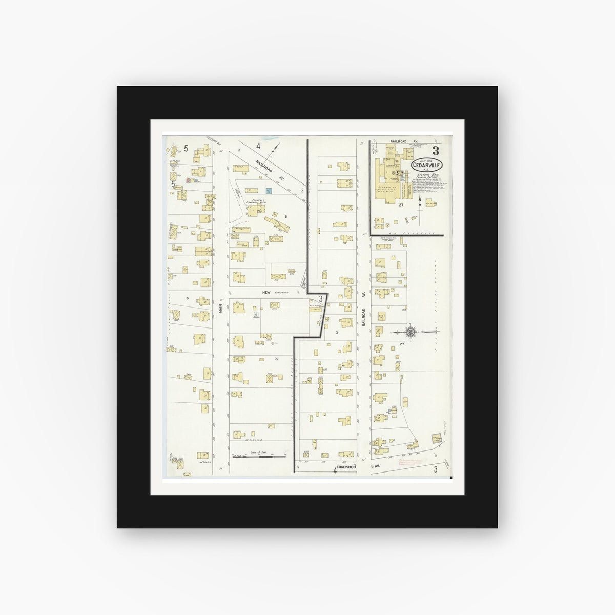 Old map wall art mockup — black gallery frame with white mat — Sanborn Fire Insurance Map from Cedarville, Cumberland County, New Jersey (1912), Sheet #0003