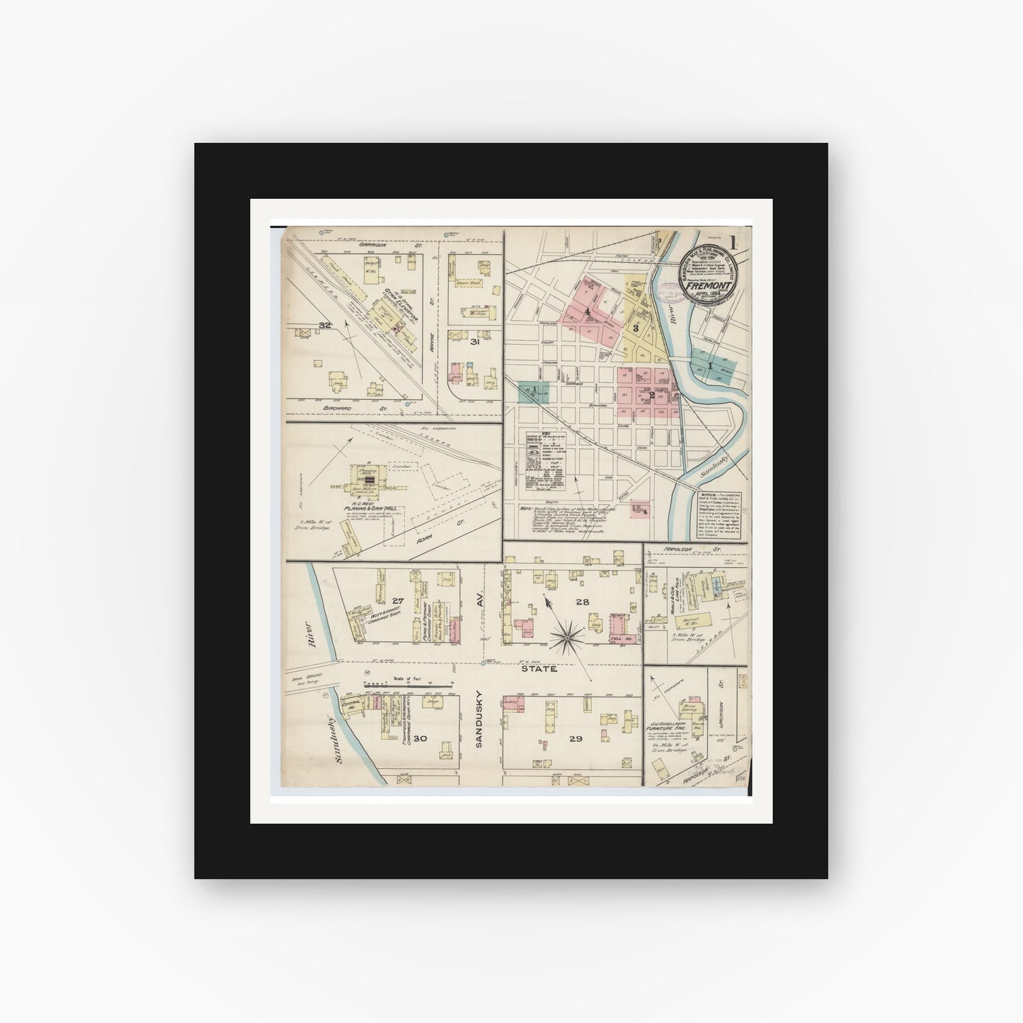 Old map wall art mockup — black gallery frame with white mat — Sanborn Fire Insurance Map from Fremont, Sandusky County, Ohio (1884), Sheet #0001