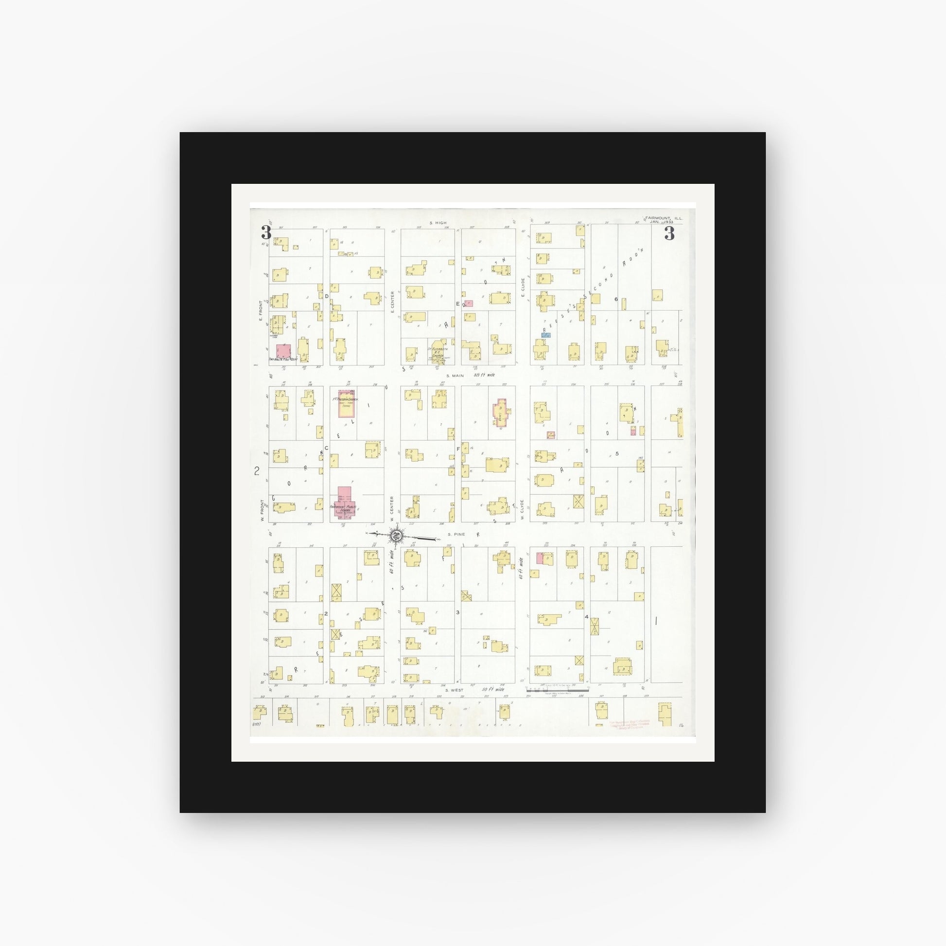 Old map wall art mockup — black gallery frame with white mat — Sanborn Fire Insurance Map from Fairmount, Vermilion County, Illinois (1933), Sheet #0003