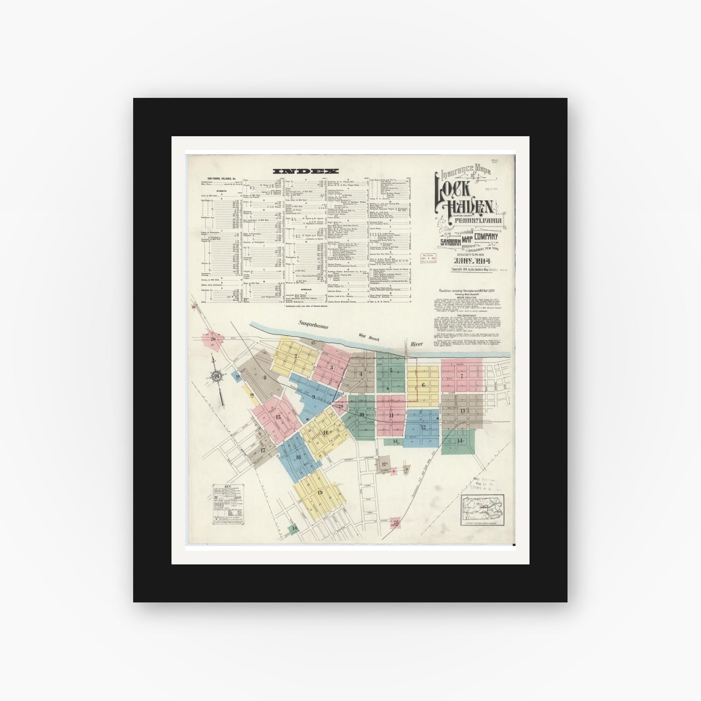 Old map wall art mockup — black gallery frame with white mat — Sanborn Fire Insurance Map from Lock Haven, Clinton County, Pennsylvania (1914) - Complete Map Set