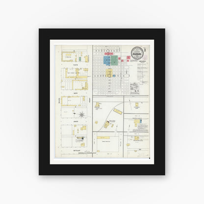 Old map wall art mockup — black gallery frame with white mat — Sanborn Fire Insurance Map from Quanah, Hardeman County, Texas (1904), Sheet #0001