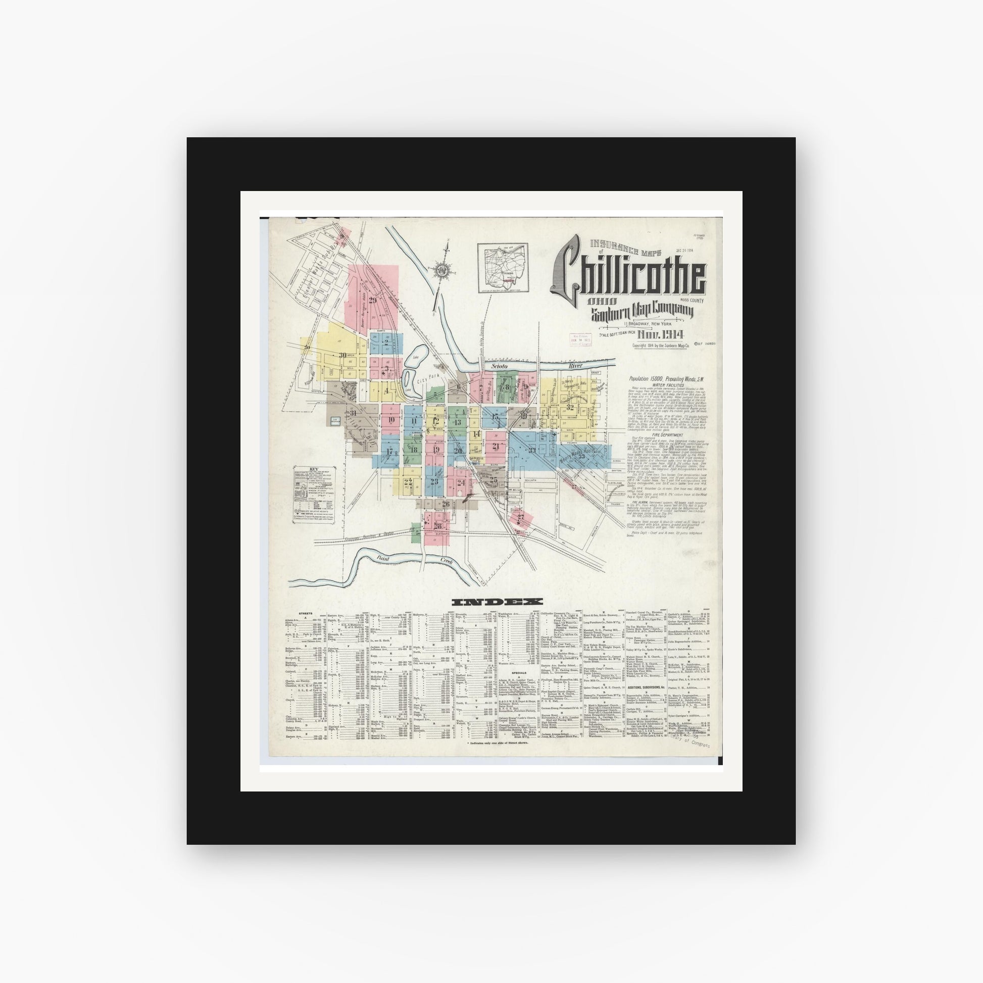 Old map wall art mockup — black gallery frame with white mat — Sanborn Fire Insurance Map from Chillicothe, Ross County, Ohio (1914), Sheet #0001