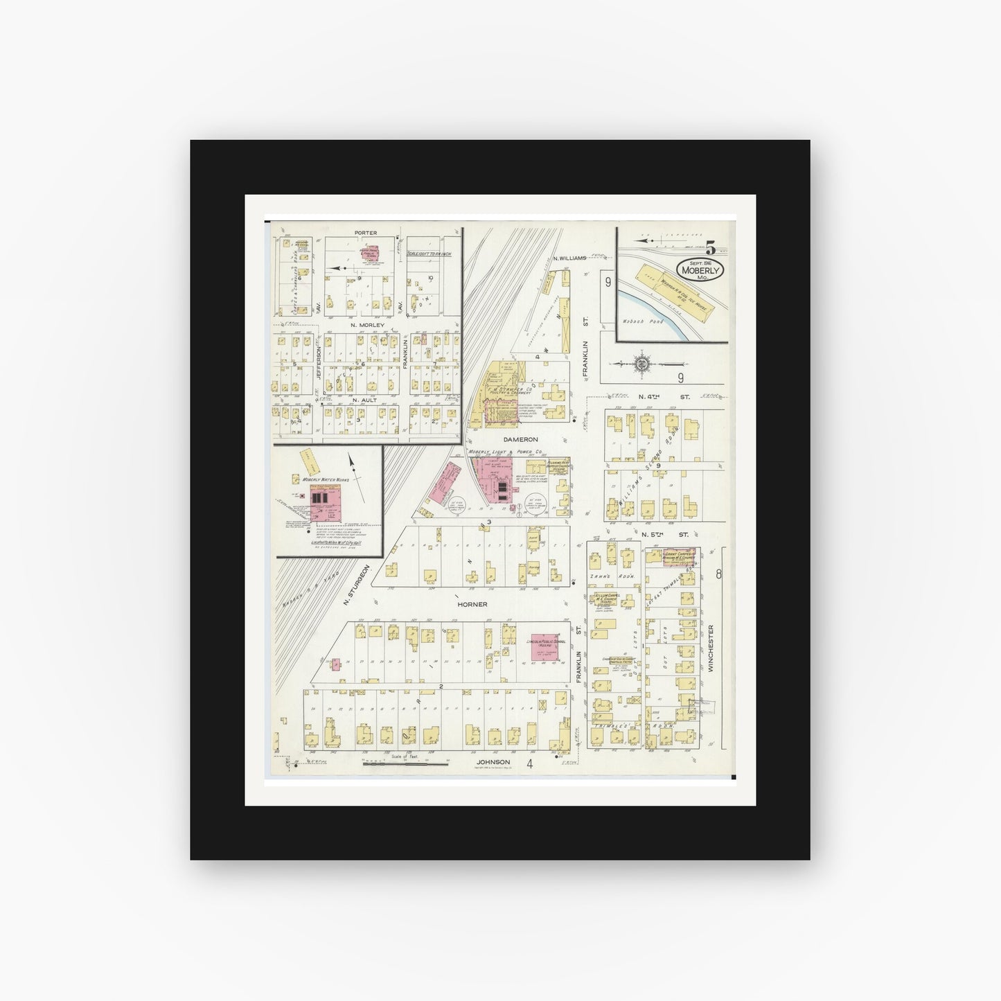 Old map wall art mockup — black gallery frame with white mat — Sanborn Fire Insurance Map from Moberly, Randolph County, Missouri (1916), Sheet #0005