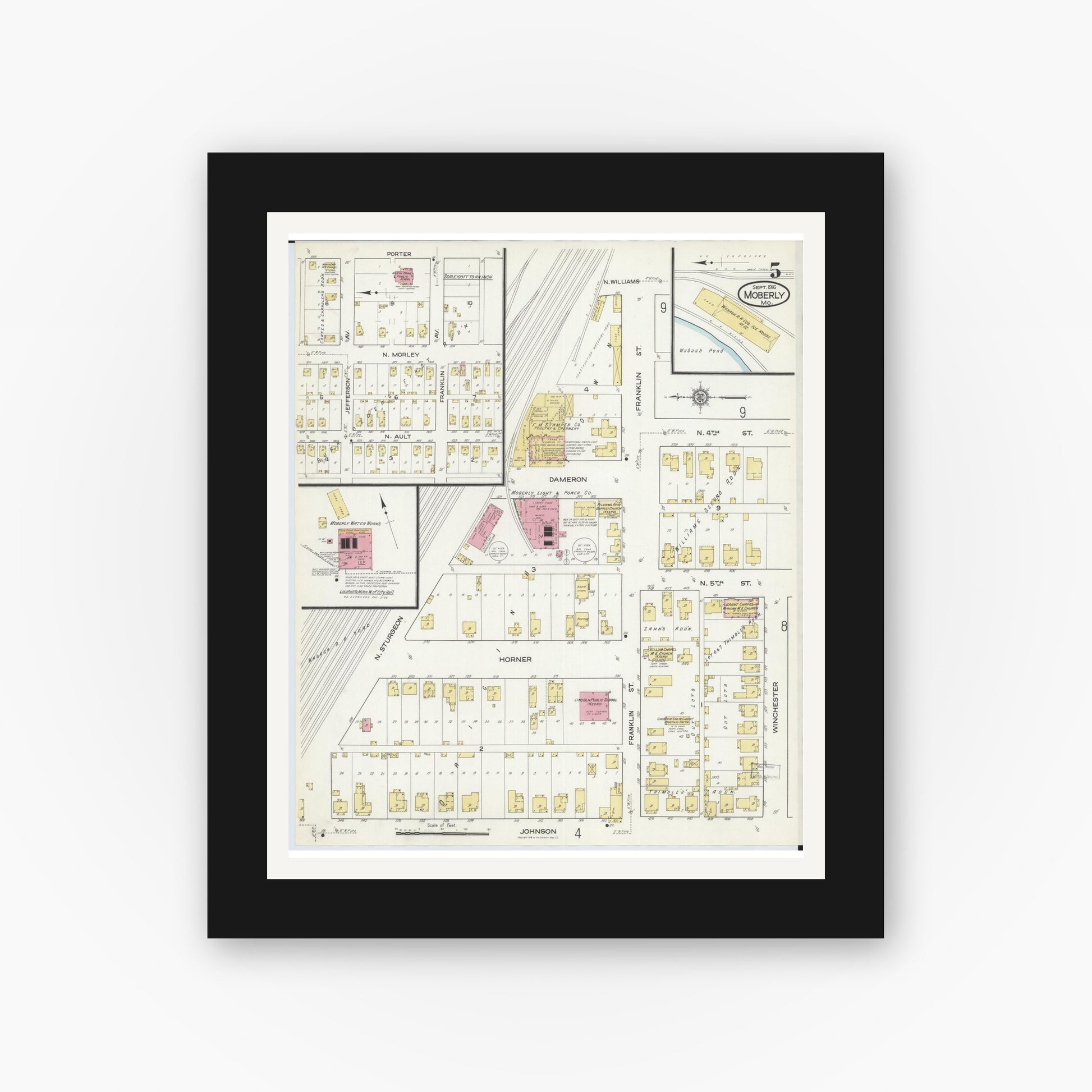 Old map wall art mockup — black gallery frame with white mat — Sanborn Fire Insurance Map from Moberly, Randolph County, Missouri (1916), Sheet #0005