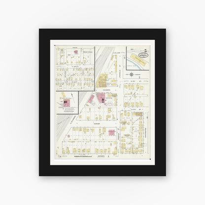 Old map wall art mockup — black gallery frame with white mat — Sanborn Fire Insurance Map from Moberly, Randolph County, Missouri (1916), Sheet #0005