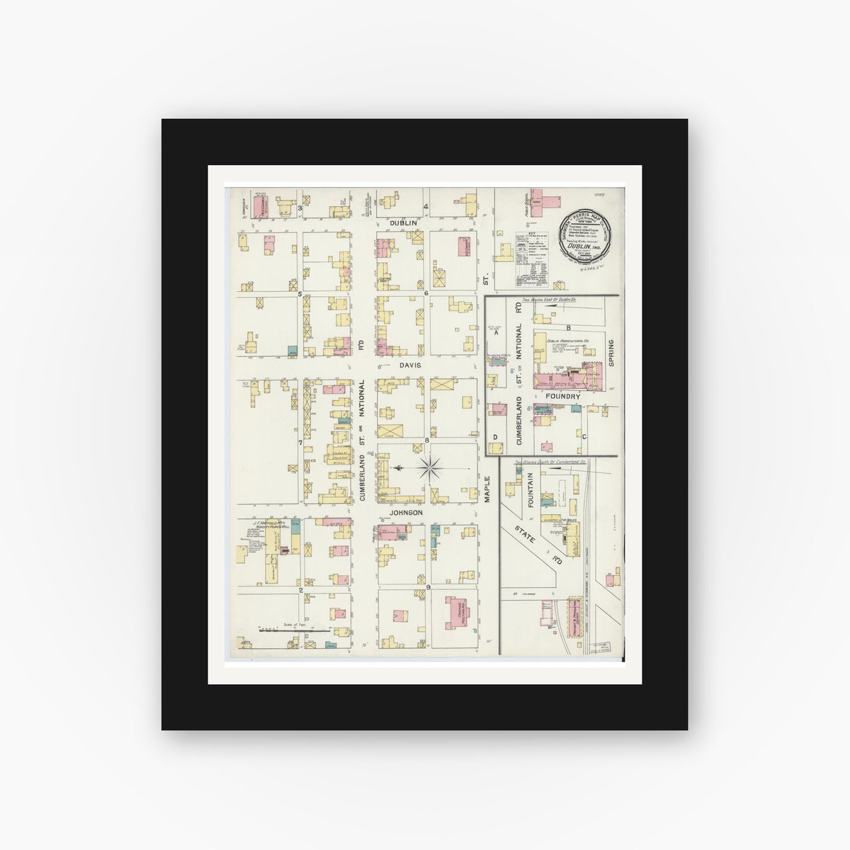 Old map wall art mockup — black gallery frame with white mat — Sanborn Fire Insurance Map from Dublin, Wayne County, Indiana (1892), Sheet #0001