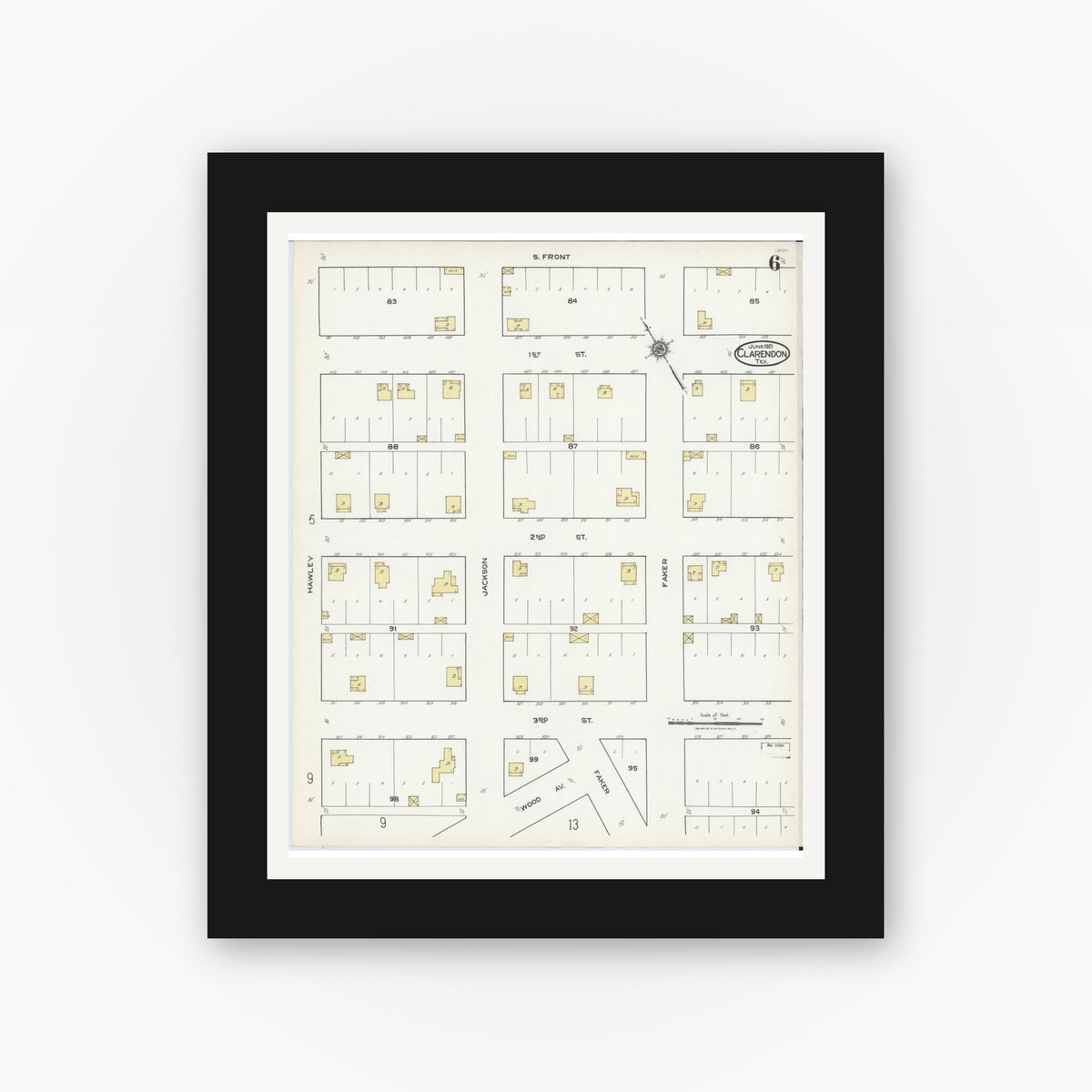 Old map wall art mockup — black gallery frame with white mat — Sanborn Fire Insurance Map from Clarendon, Donley County, Texas (1921), Sheet #0006