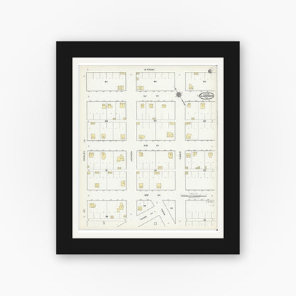 Old map wall art mockup — black gallery frame with white mat — Sanborn Fire Insurance Map from Clarendon, Donley County, Texas (1921), Sheet #0006