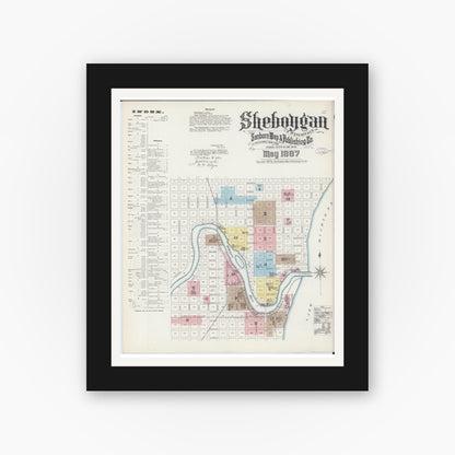 Old map wall art mockup — black gallery frame with white mat — Sanborn Fire Insurance Map from Sheboygan, Sheboygan County, Wisconsin (1887), Sheet #0001