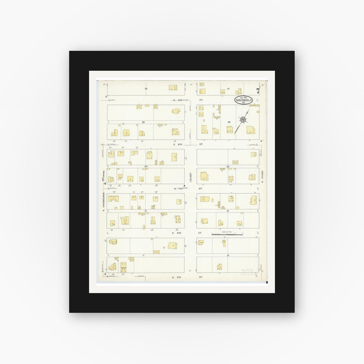 Old map wall art mockup — black gallery frame with white mat — Sanborn Fire Insurance Map from San Angelo, Tom Green County, Texas (1913), Sheet #0007