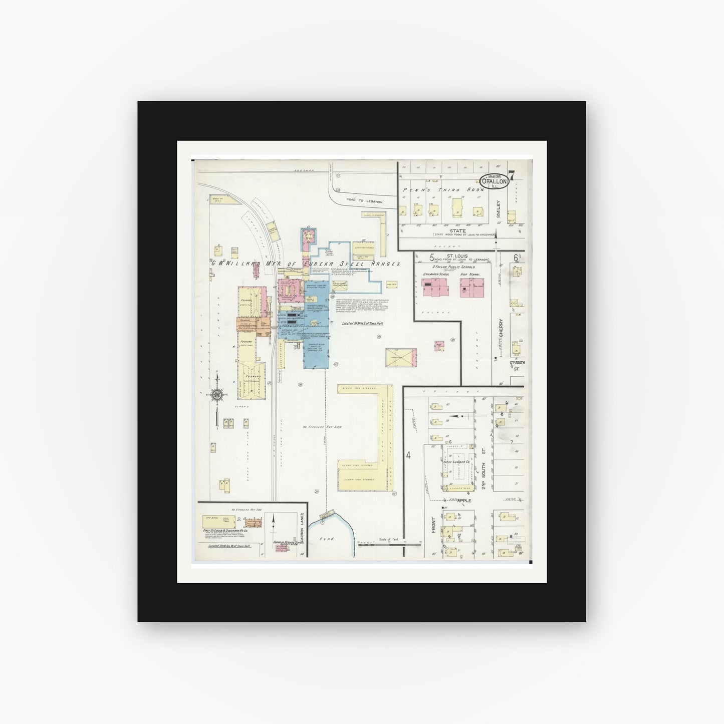 Old map wall art mockup — black gallery frame with white mat — Sanborn Fire Insurance Map from O'Fallon, Saint Clair County, Illinois (1914), Sheet #0007
