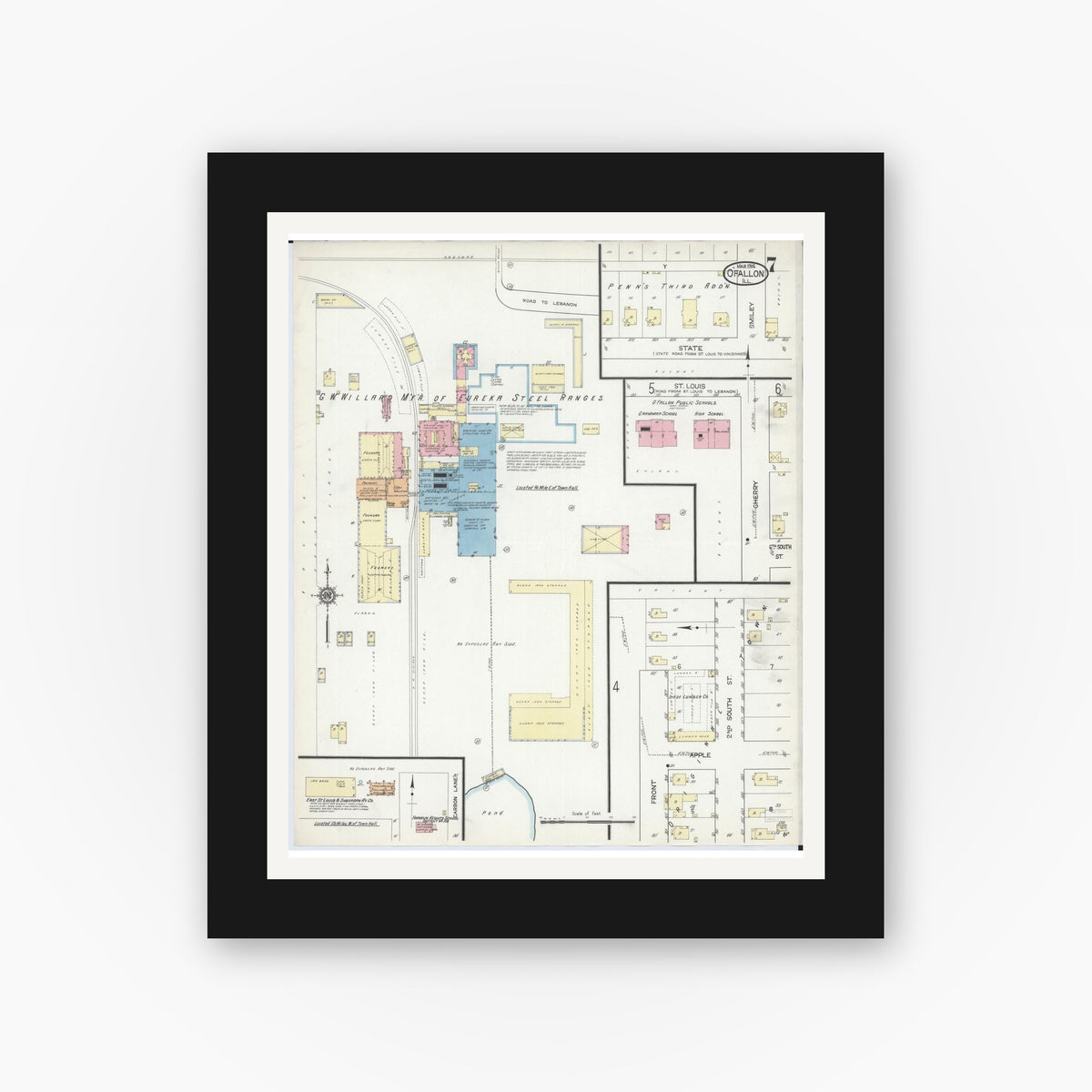 Old map wall art mockup — black gallery frame with white mat — Sanborn Fire Insurance Map from O'Fallon, Saint Clair County, Illinois (1914), Sheet #0007