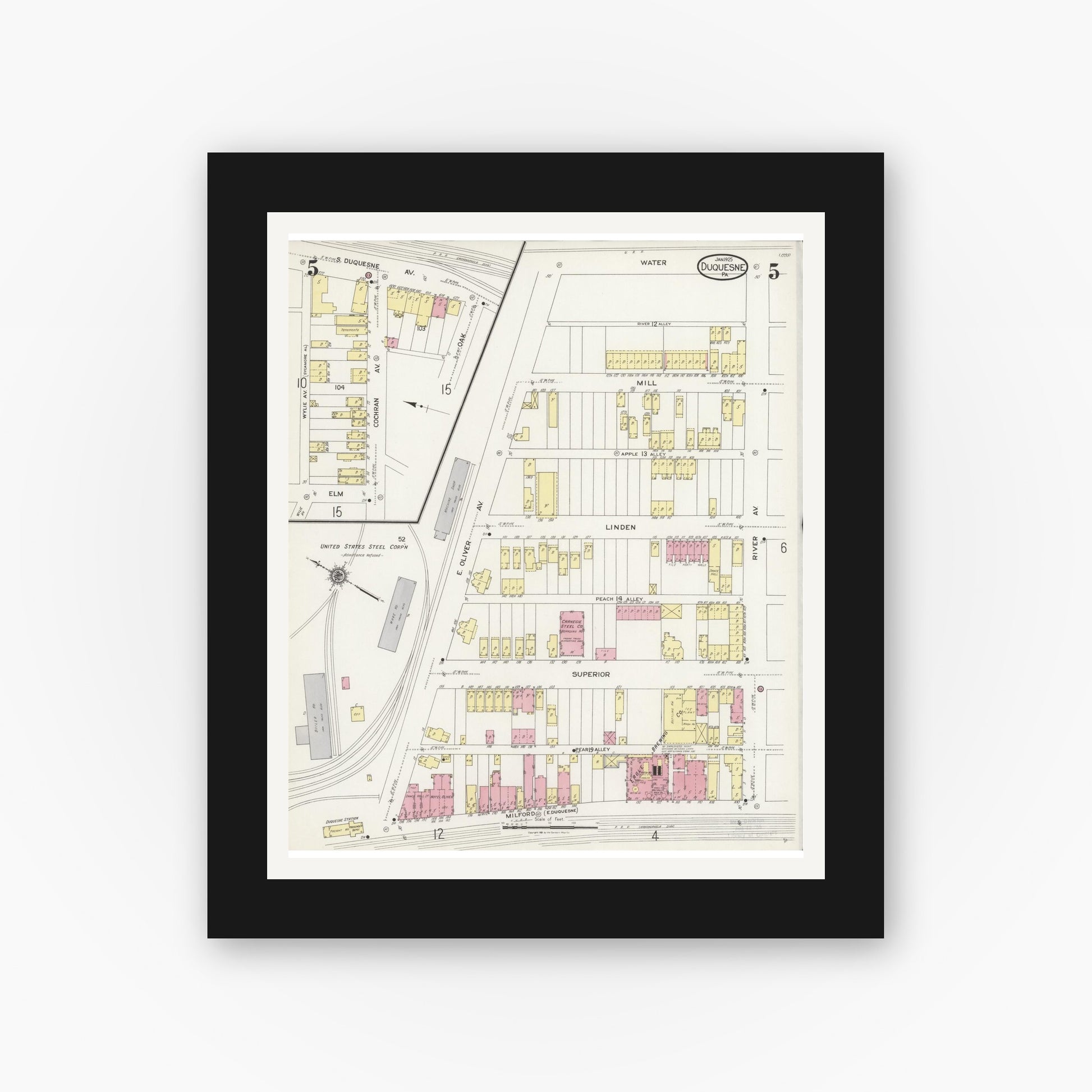 Old map wall art mockup — black gallery frame with white mat — Sanborn Fire Insurance Map from Duquesne, Allegheny County, Pennsylvania (1925), Sheet #0005