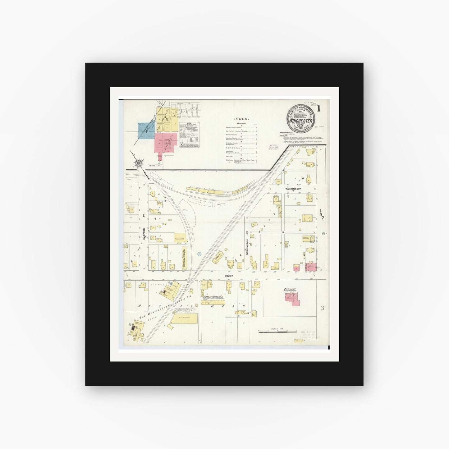 Old map wall art mockup — black gallery frame with white mat — Sanborn Fire Insurance Map from Winchester, Adams County, Ohio (1912), Sheet #0001