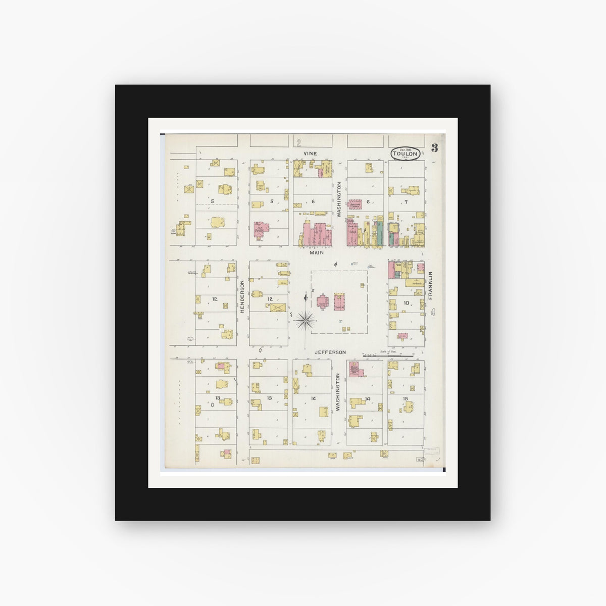 Old map wall art mockup — black gallery frame with white mat — Sanborn Fire Insurance Map from Toulon, Stark County, Illinois (1893), Sheet #0003