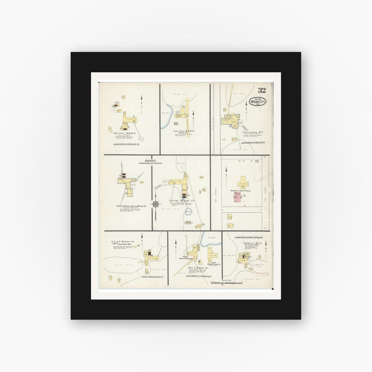 Old map wall art mockup — black gallery frame with white mat — Sanborn Fire Insurance Map from Webb City, Jasper County, Missouri (1915), Sheet #0032