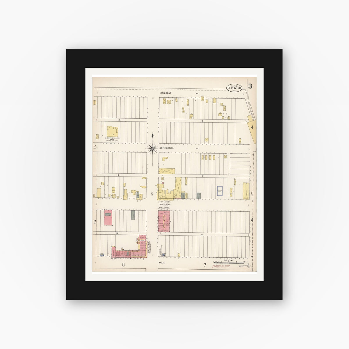 Old map wall art mockup — black gallery frame with white mat — Sanborn Fire Insurance Map from El Centro, Imperial County, California (1910), Sheet #0003