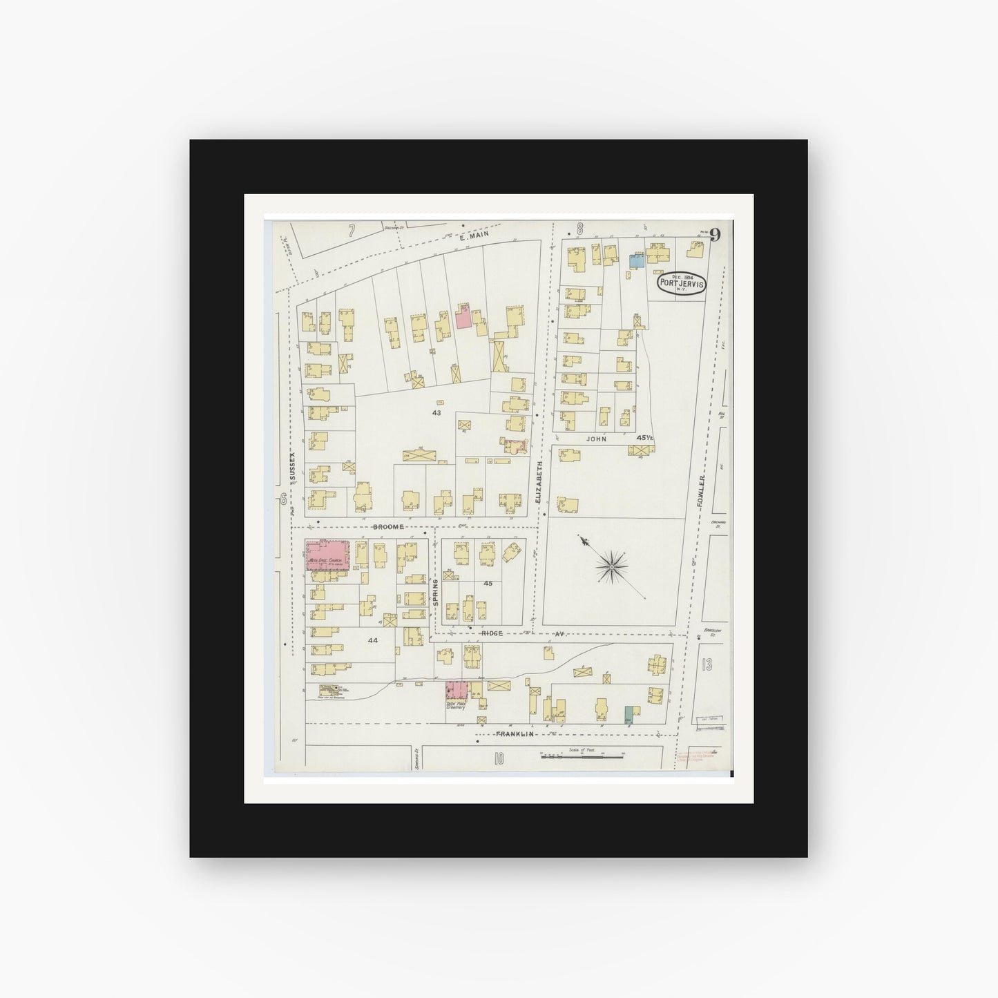 Old map wall art mockup — black gallery frame with white mat — Sanborn Fire Insurance Map from Port Jervis, Orange County, New York (1894), Sheet #0009