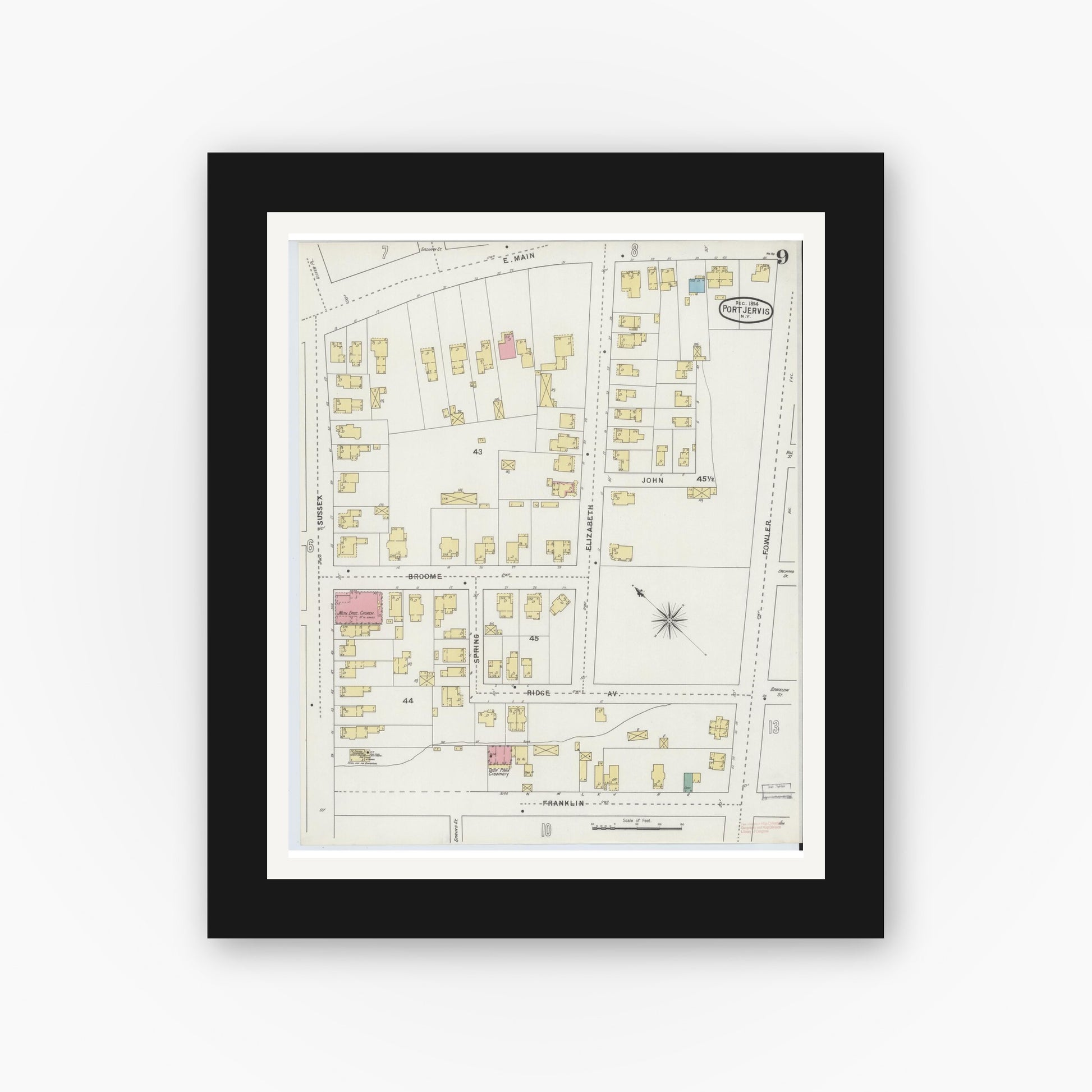 Old map wall art mockup — black gallery frame with white mat — Sanborn Fire Insurance Map from Port Jervis, Orange County, New York (1894), Sheet #0009