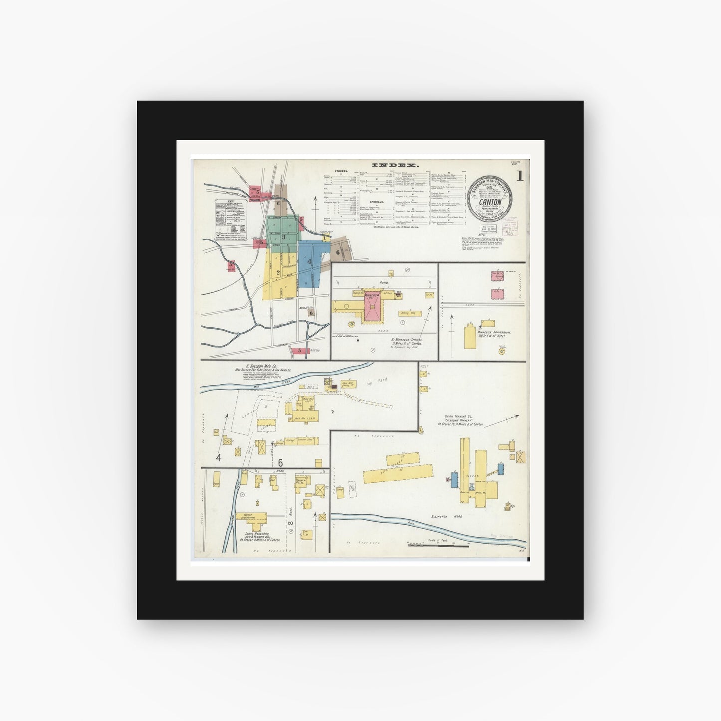 Old map wall art mockup — black gallery frame with white mat — Sanborn Fire Insurance Map from Canton, Bradford County, Pennsylvania (1903) - Complete Map Set
