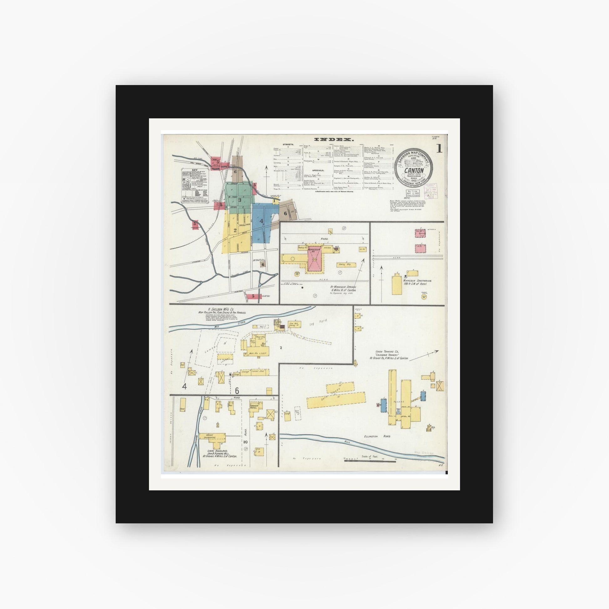 Old map wall art mockup — black gallery frame with white mat — Sanborn Fire Insurance Map from Canton, Bradford County, Pennsylvania (1903) - Complete Map Set