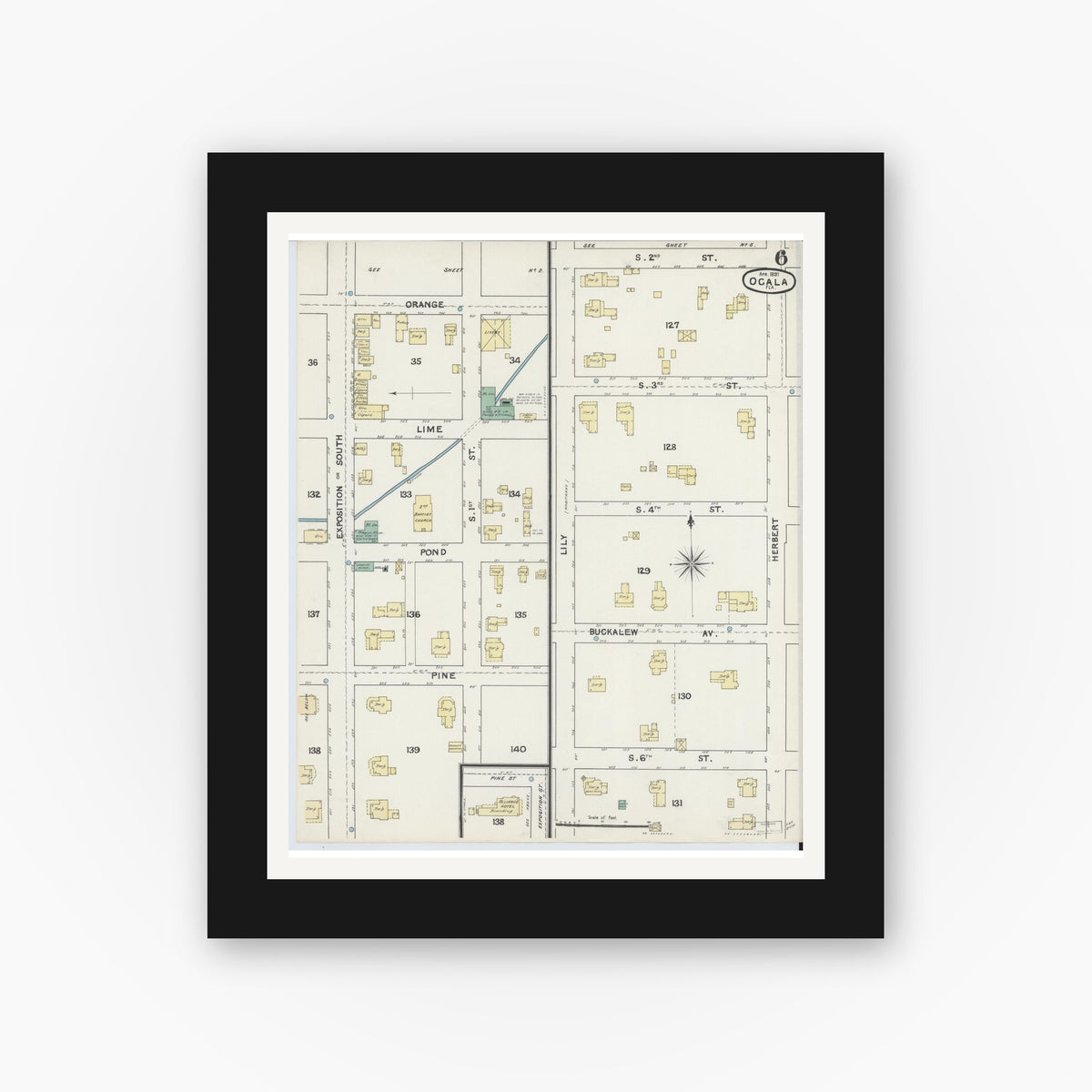 Old map wall art mockup — black gallery frame with white mat — Sanborn Fire Insurance Map from Ocala, Marion County, Florida (1891), Sheet #0006