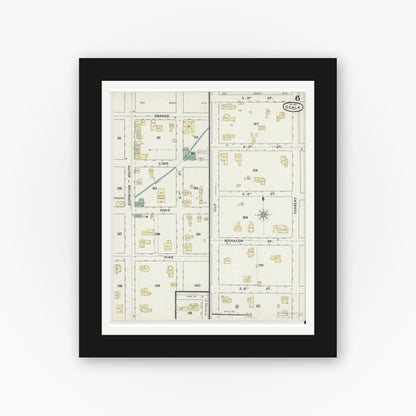 Old map wall art mockup — black gallery frame with white mat — Sanborn Fire Insurance Map from Ocala, Marion County, Florida (1891), Sheet #0006