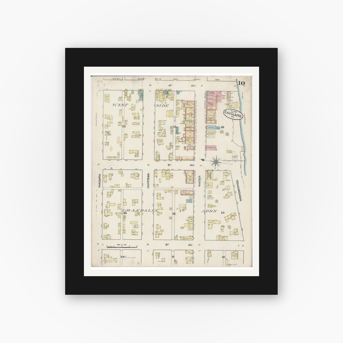 Old map wall art mockup — black gallery frame with white mat — Sanborn Fire Insurance Map from Eau Claire, Eau Claire County, Wisconsin (1883), Sheet #0010